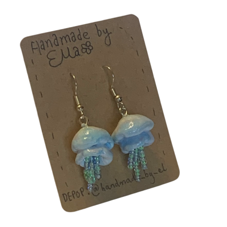Hand-sculpted and painted blue beaded jellyfish earrings