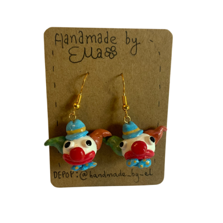 Hand-sculpted and painted clown earrings with gold tone stainless steel hooks