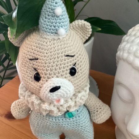 Handmade Crochet - The Party Bear in aqua and white