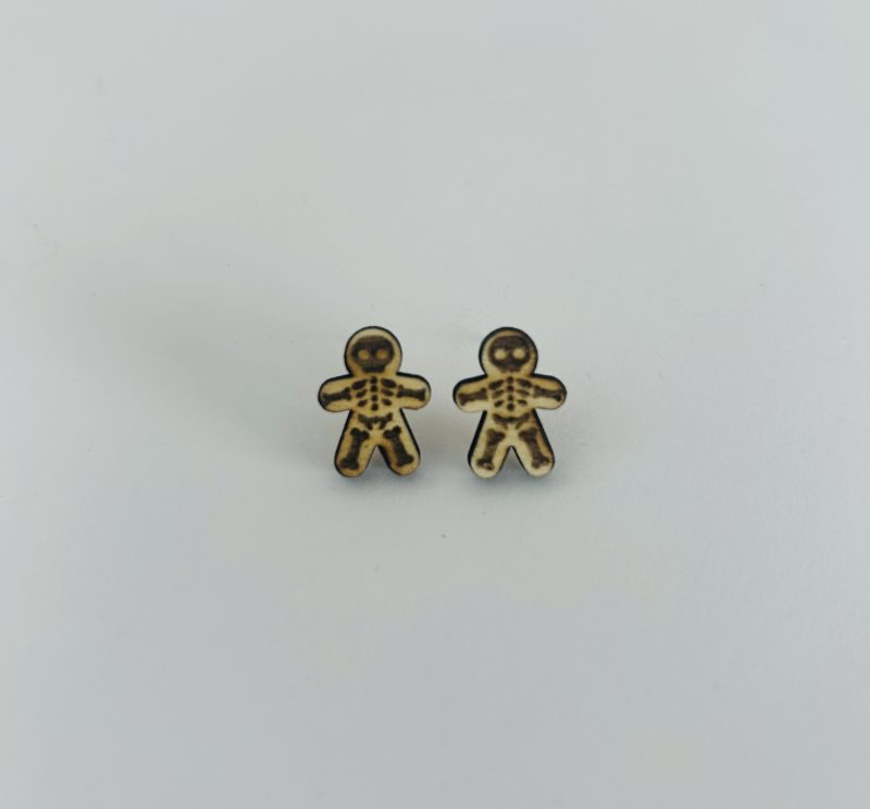 Skeleton Gingerbread Man and Skull Heart 2 Pack - Handmade Halloween Wooden Earrings