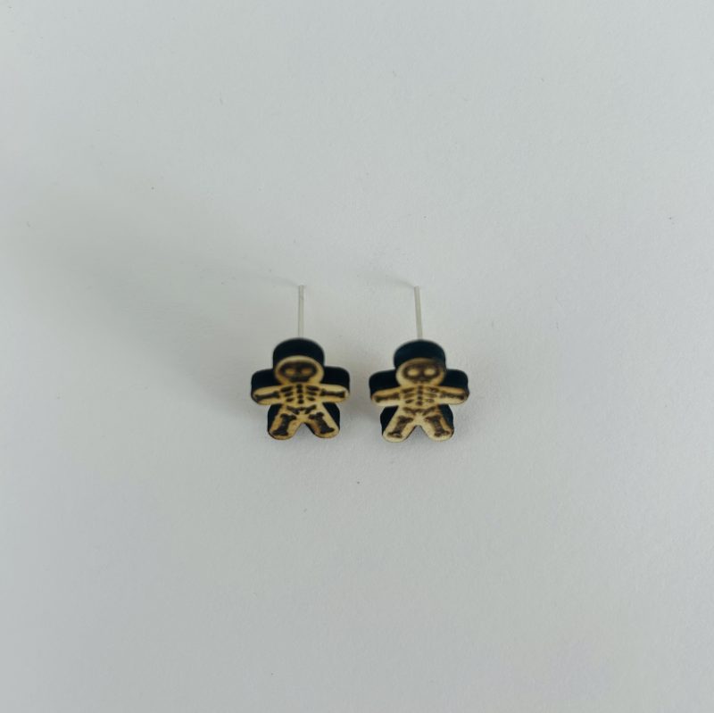 Skeleton Gingerbread Man and Skull Heart 2 Pack - Handmade Halloween Wooden Earrings