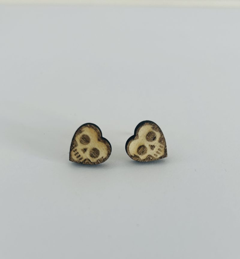 Skeleton Gingerbread Man and Skull Heart 2 Pack - Handmade Halloween Wooden Earrings