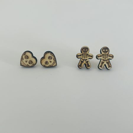 Skeleton Gingerbread Man and Skull Heart 2 Pack - Handmade Halloween Wooden Earrings