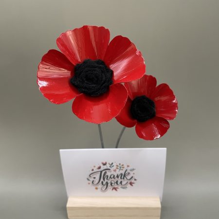 Hand crafted red and black flowers with Thank You card stand