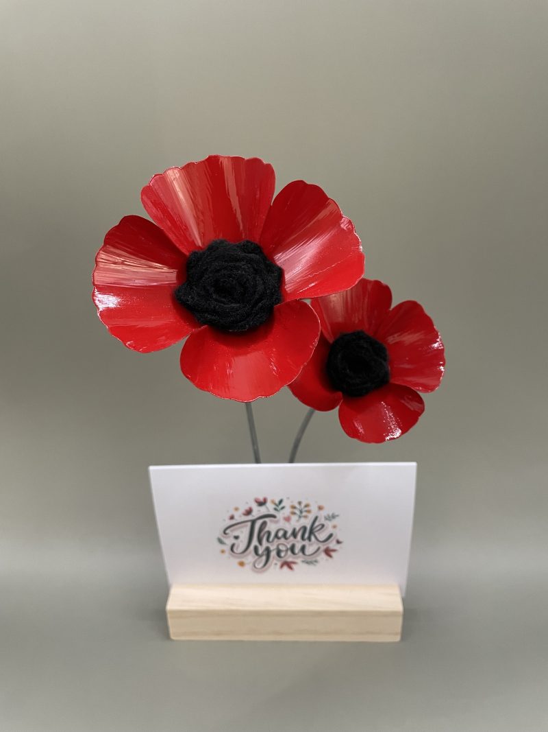 Hand crafted red and black flowers with Thank You card stand