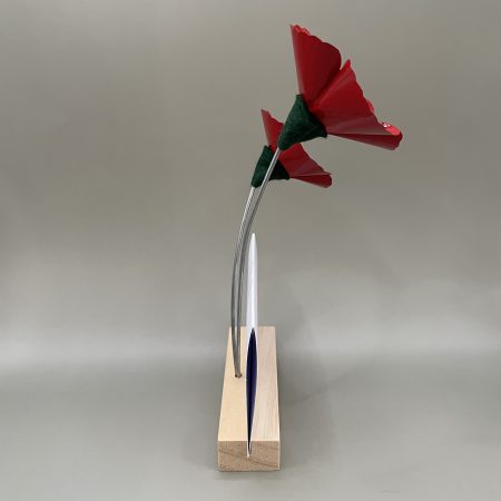 Hand crafted red and black flowers with Thank You card stand