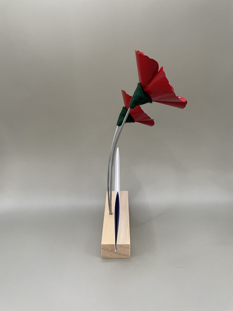 Hand crafted red and black flowers with Thank You card stand