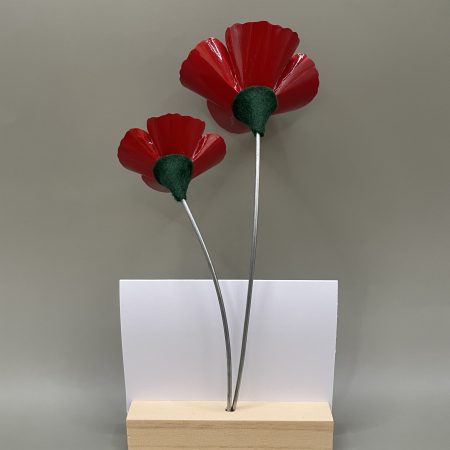 Hand crafted red and black flowers with Thank You card stand
