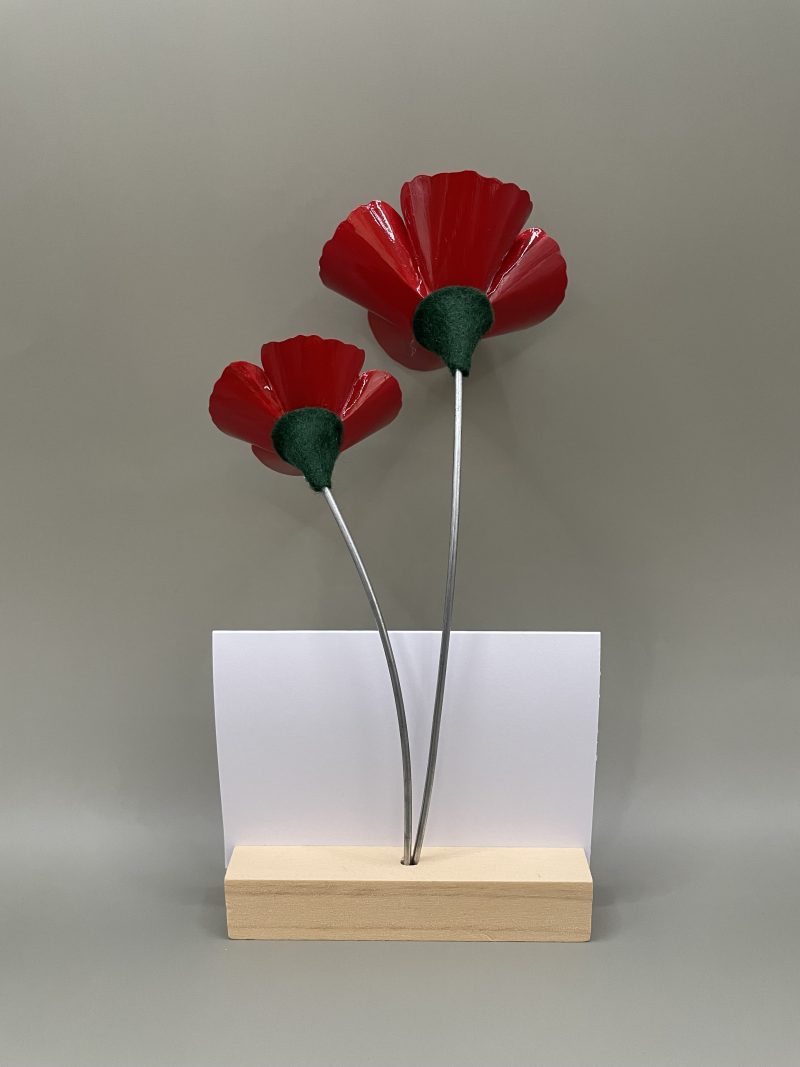 Hand crafted red and black flowers with Thank You card stand