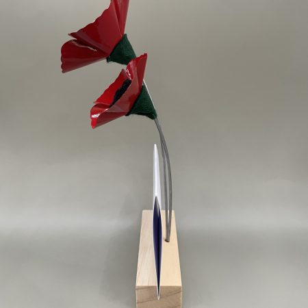 Hand crafted red and black flowers with Thank You card stand