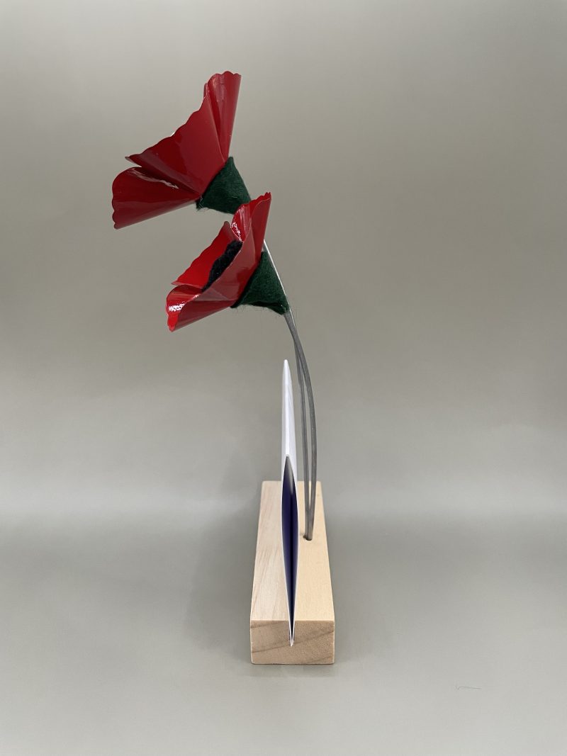 Hand crafted red and black flowers with Thank You card stand