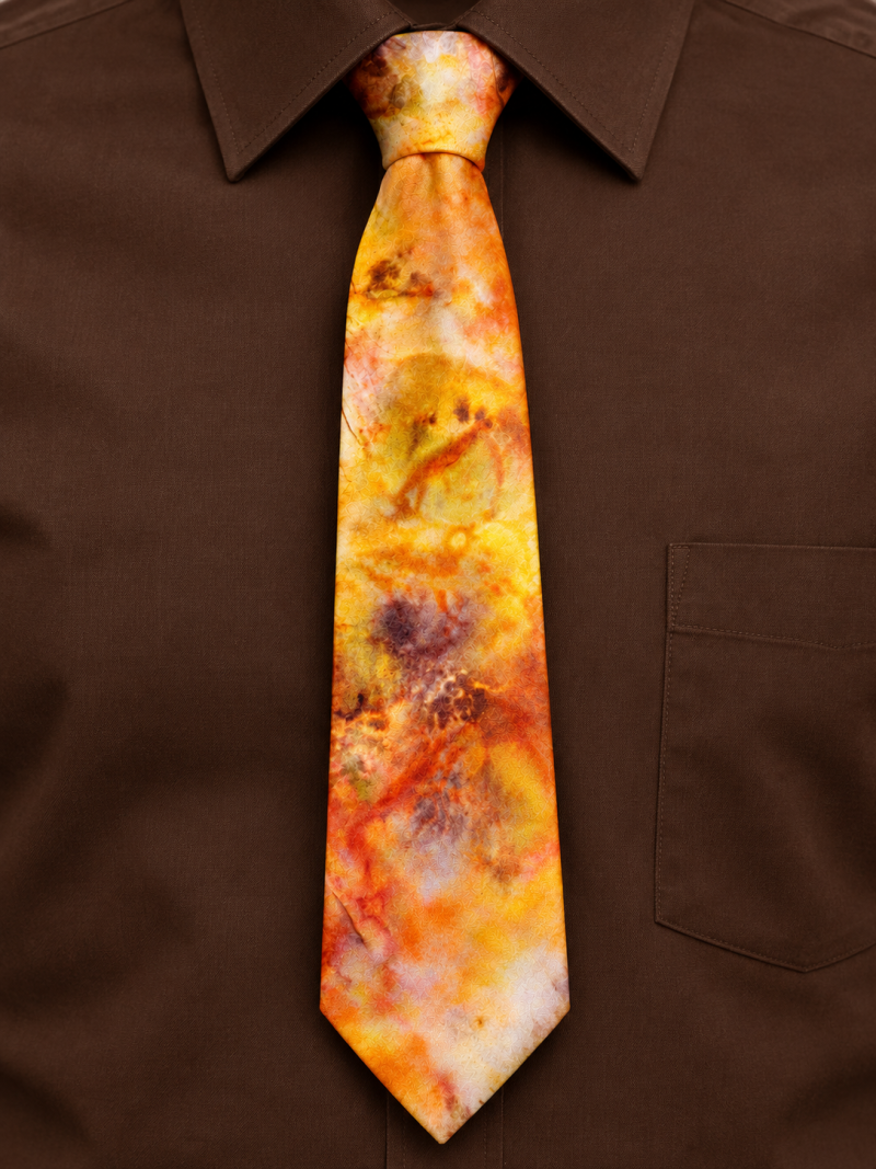 Pure Silk Hand Dyed Statement Tie In Bold Oranges, Yellows and Brown.