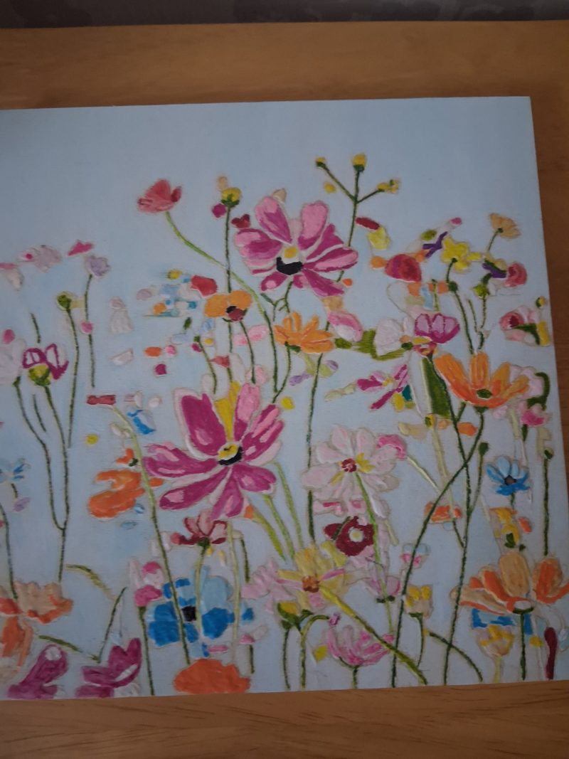 Canvas Picture with Plastered raised Flowers and Hand-Painted