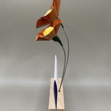 Hand crafted orange and yellow metal flowers with birthday card and stand