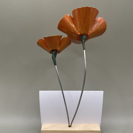 Hand crafted orange and yellow metal flowers with birthday card and stand