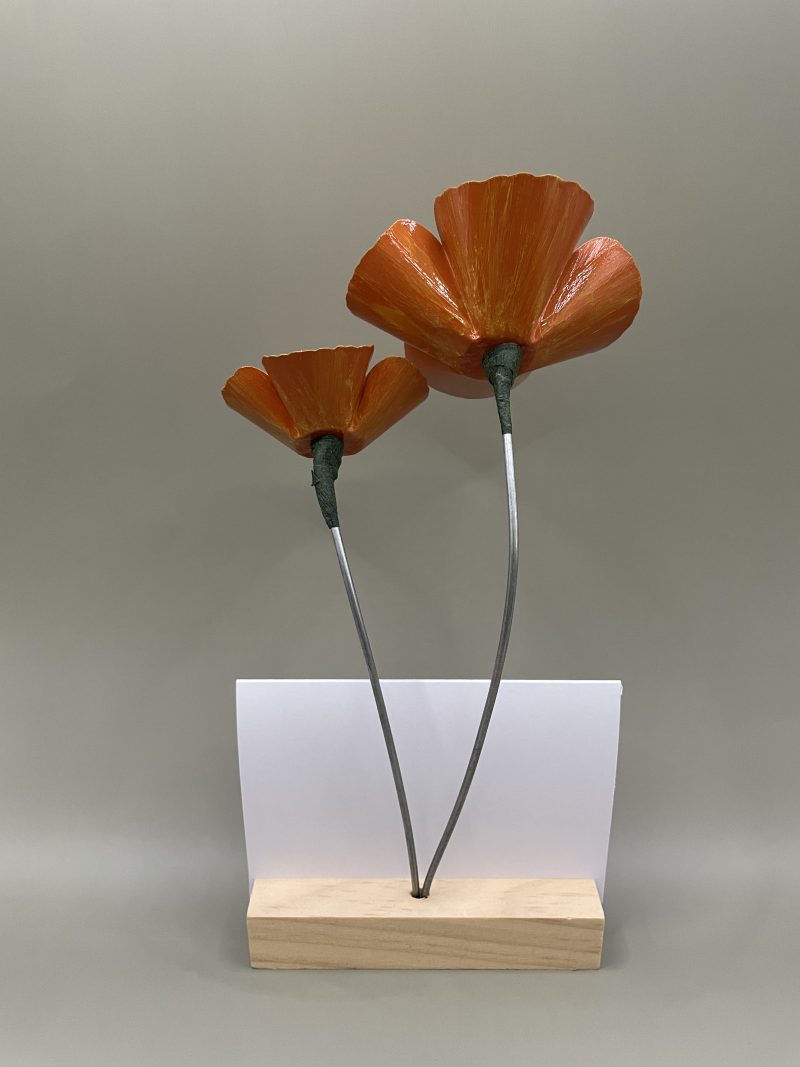 Hand crafted orange and yellow metal flowers with birthday card and stand