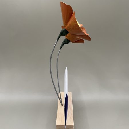 Hand crafted orange and yellow metal flowers with birthday card and stand