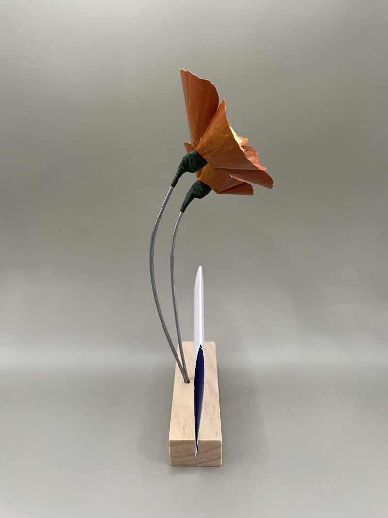 Hand crafted orange and yellow metal flowers with birthday card and stand
