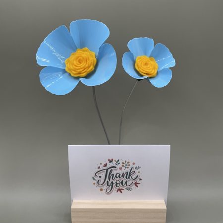 Hand crafted blue and yellow flowers with Thank You card stand