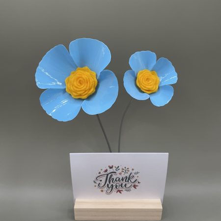 Hand crafted blue and yellow flowers with Thank You card stand