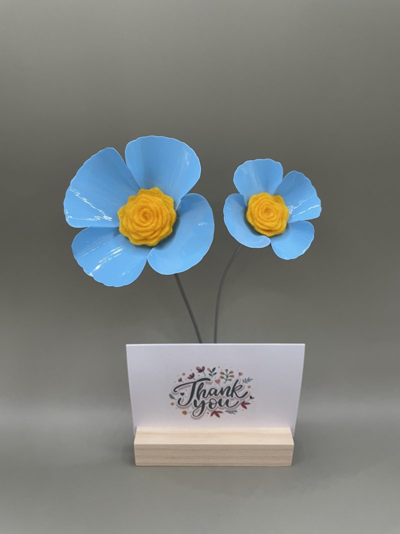 Hand crafted blue and yellow flowers with Thank You card stand