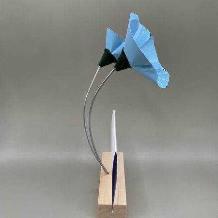 Hand crafted blue and yellow flowers with Thank You card stand