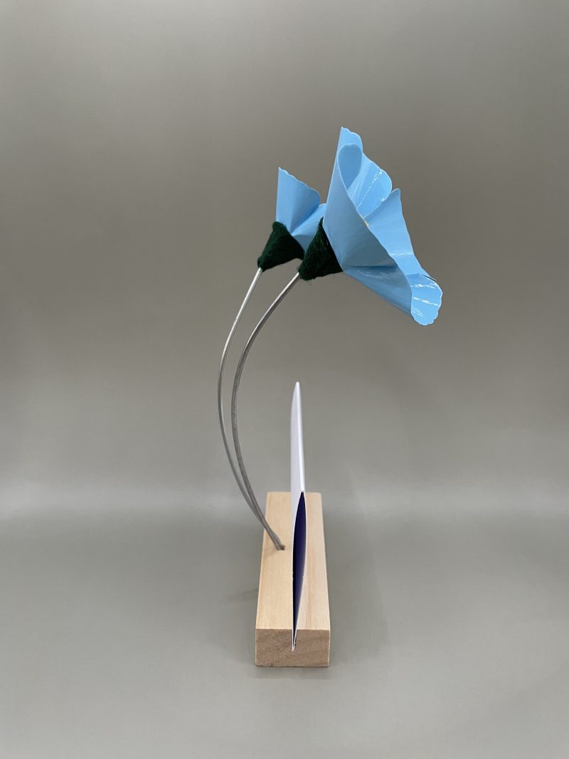 Hand crafted blue and yellow flowers with Thank You card stand