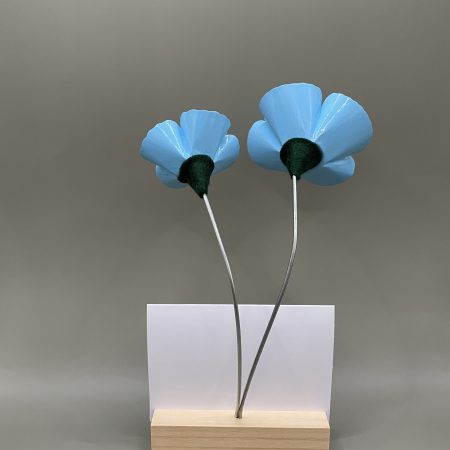 Hand crafted blue and yellow flowers with Thank You card stand