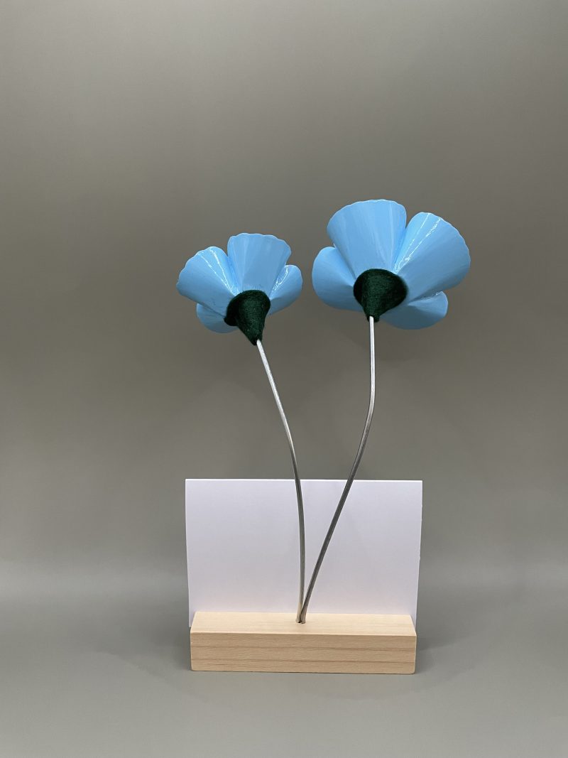 Hand crafted blue and yellow flowers with Thank You card stand