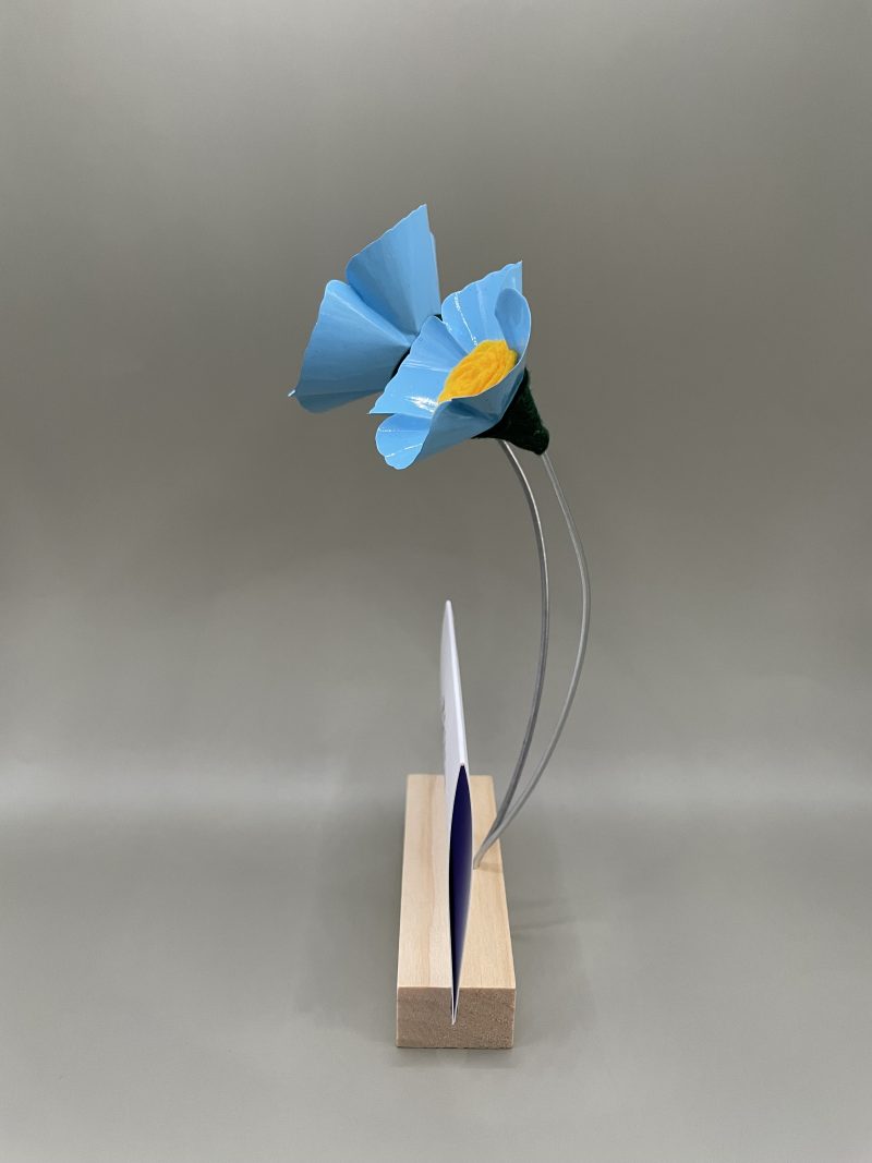 Hand crafted blue and yellow flowers with Thank You card stand
