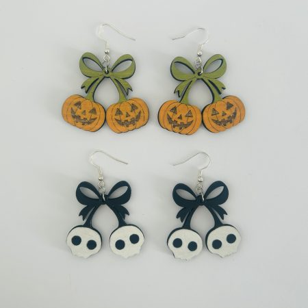 Halloween Cherry Ribbon Earrings: Pumpkins or Skulls