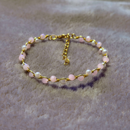 18k Gold Plated light pink crystal and pearl wavy adjustable bracelet