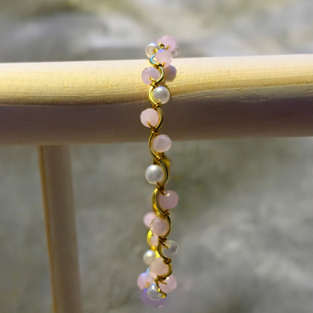 18k Gold Plated light pink crystal and pearl wavy adjustable bracelet