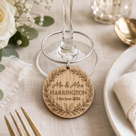 Wedding Wine Charm, Personalised Wreath Charm, Mr & Mrs Name Date