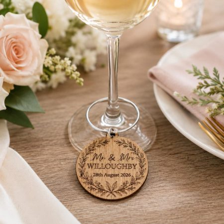 Wedding Wine Charm, Personalised Wreath Charm, Mr & Mrs Name Date