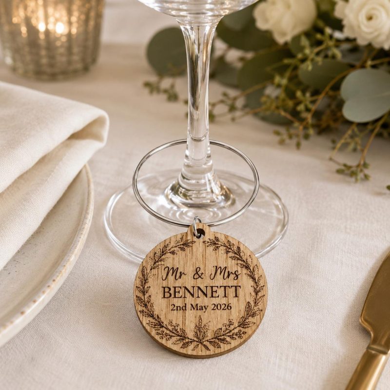 Wedding Wine Charm, Personalised Wreath Charm, Mr & Mrs Name Date