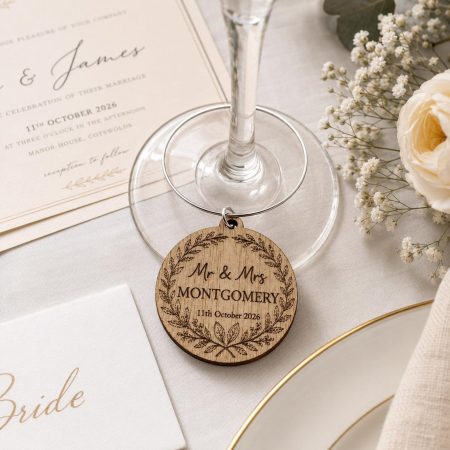 Wedding Wine Charm, Personalised Wreath Charm, Mr & Mrs Name Date