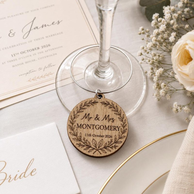 Wedding Wine Charm, Personalised Wreath Charm, Mr & Mrs Name Date