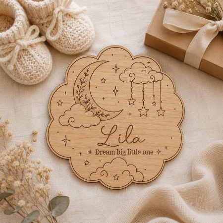 Baby Name Plaque, Wooden Nursery Cloud Sign, Personalised Baby Room