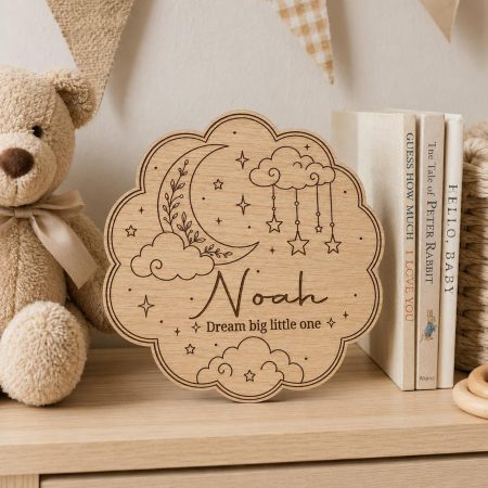 Baby Name Plaque, Wooden Nursery Cloud Sign, Personalised Baby Room