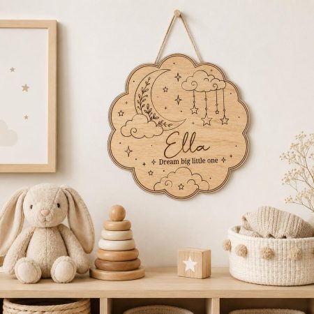 Baby Name Plaque, Wooden Nursery Cloud Sign, Personalised Baby Room