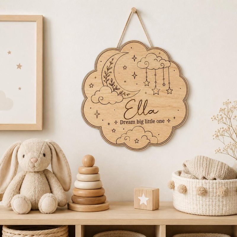 Baby Name Plaque, Wooden Nursery Cloud Sign, Personalised Baby Room