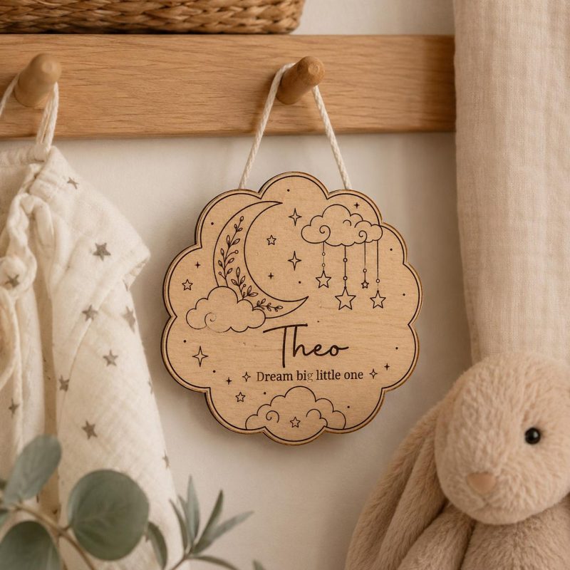 Baby Name Plaque, Wooden Nursery Cloud Sign, Personalised Baby Room
