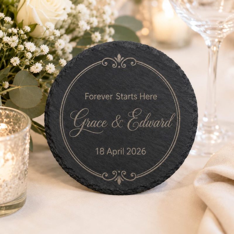 Slate Wedding Favour, Personalised Coaster, Custom Names Date, Gift