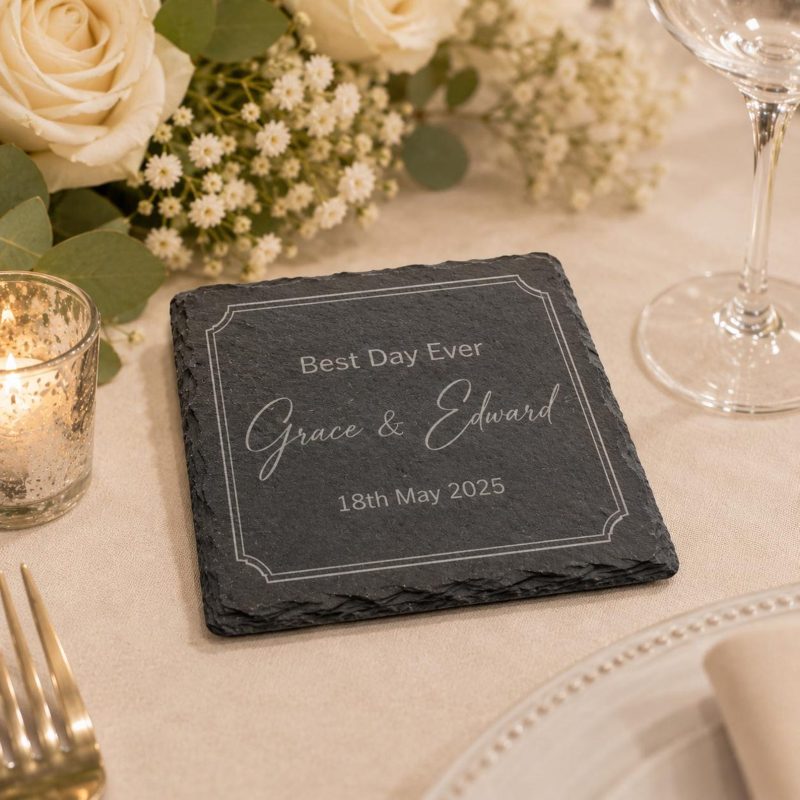 Slate Wedding Favour, Personalised Coaster, Custom Names Date, Gift