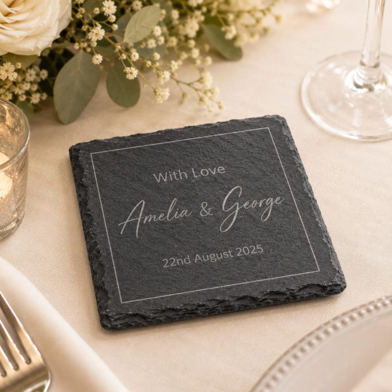 Slate Wedding Favour, Personalised Coaster, Custom Names Date, Gift