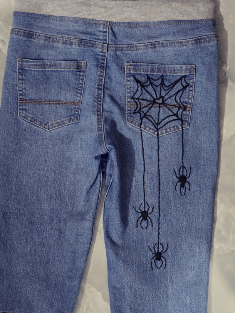 Hand embroidered Spider Web Jeans, unique and perfect for Halloween