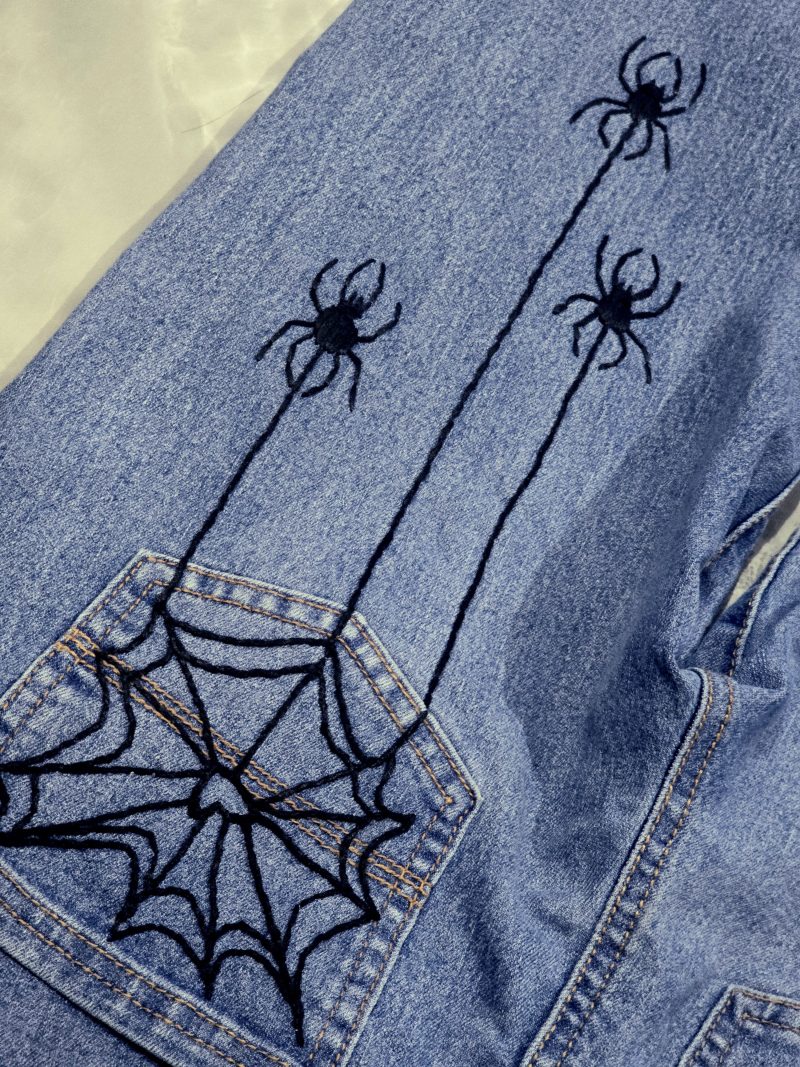 Hand embroidered Spider Web Jeans, unique and perfect for Halloween