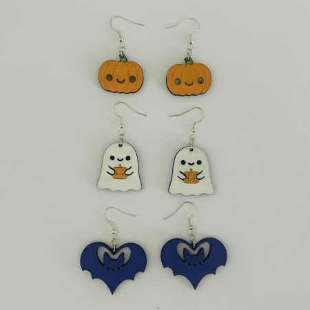 Handmade Halloween Smiley Lasercut Wooden Earrings: Bat and Pumpkin
