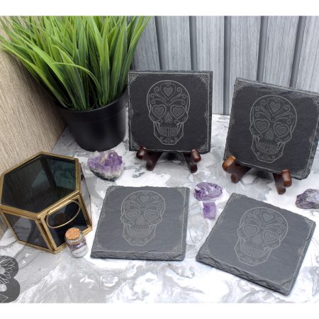 Set of 4 Slate Coasters with a Sugar Skull Design